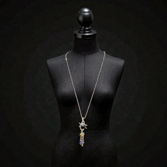 Artisan-Crafted Flail Pendant W/ Vintage Cobalt Glass Marble Quartz Lapis Lazuli - Picture 4 of 15